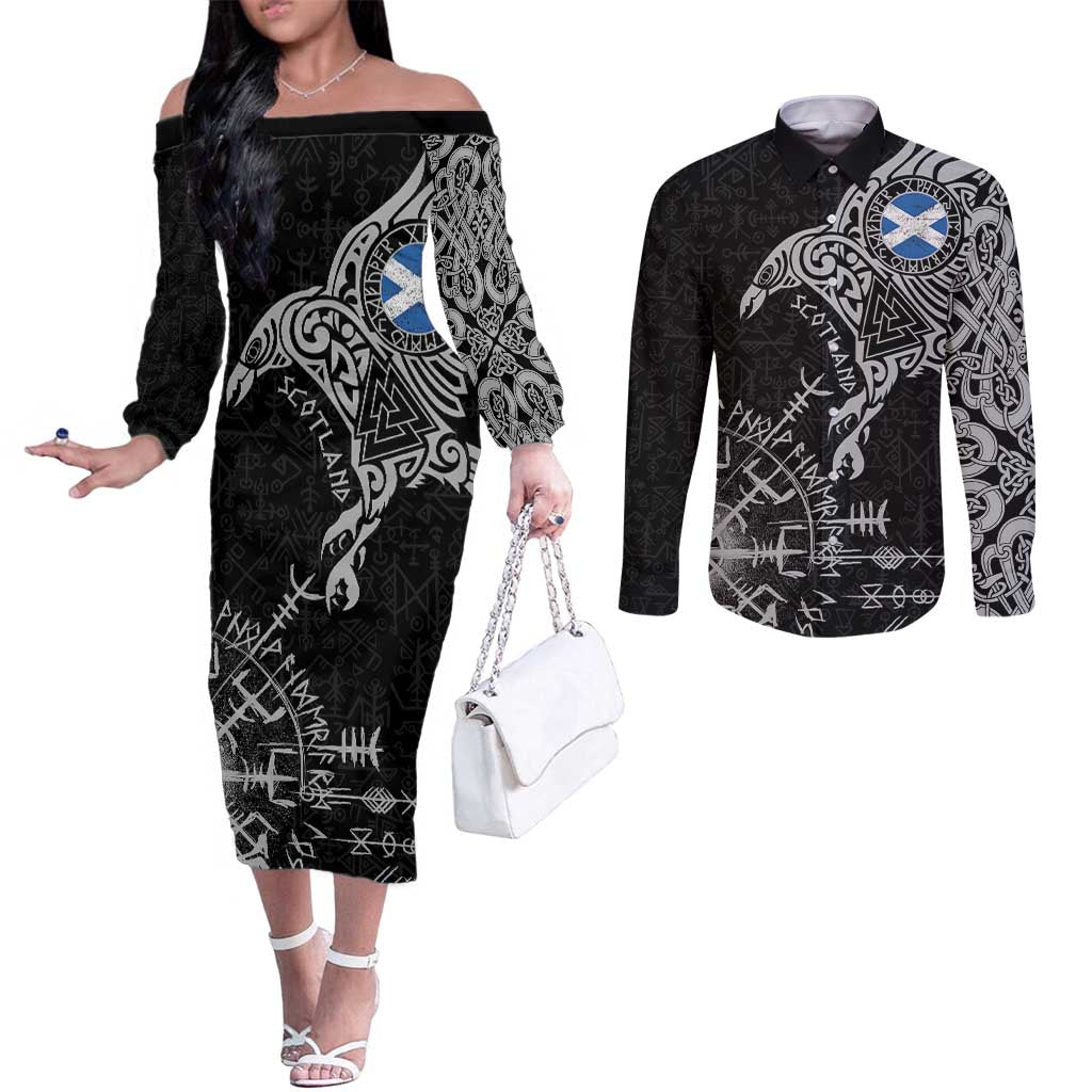 Scotland Viking Ravens Couples Matching Off The Shoulder Long Sleeve Dress and Long Sleeve Button Shirt Vegvisir Runes Pattern - Wonder Print Shop