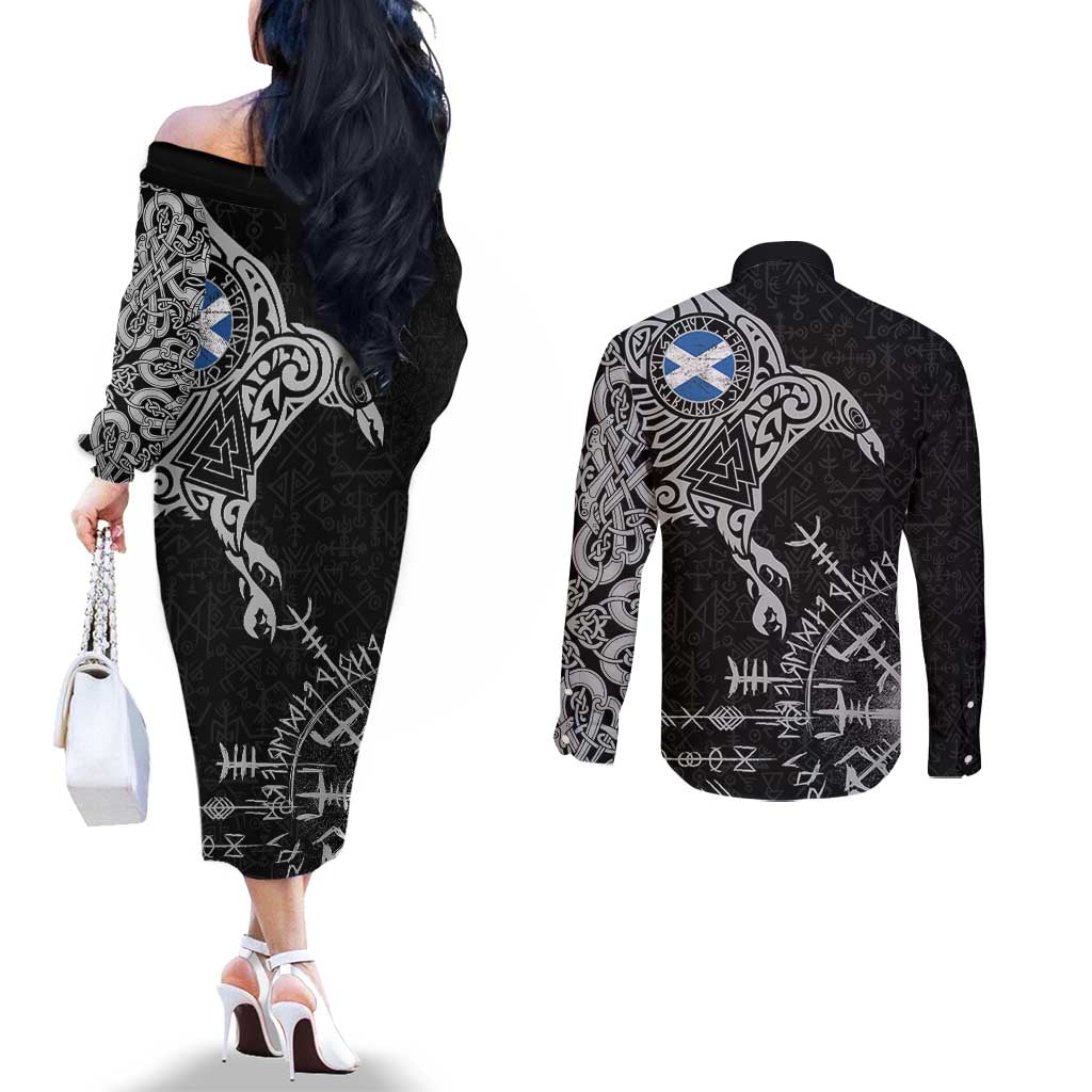Scotland Viking Ravens Couples Matching Off The Shoulder Long Sleeve Dress and Long Sleeve Button Shirt Vegvisir Runes Pattern - Wonder Print Shop