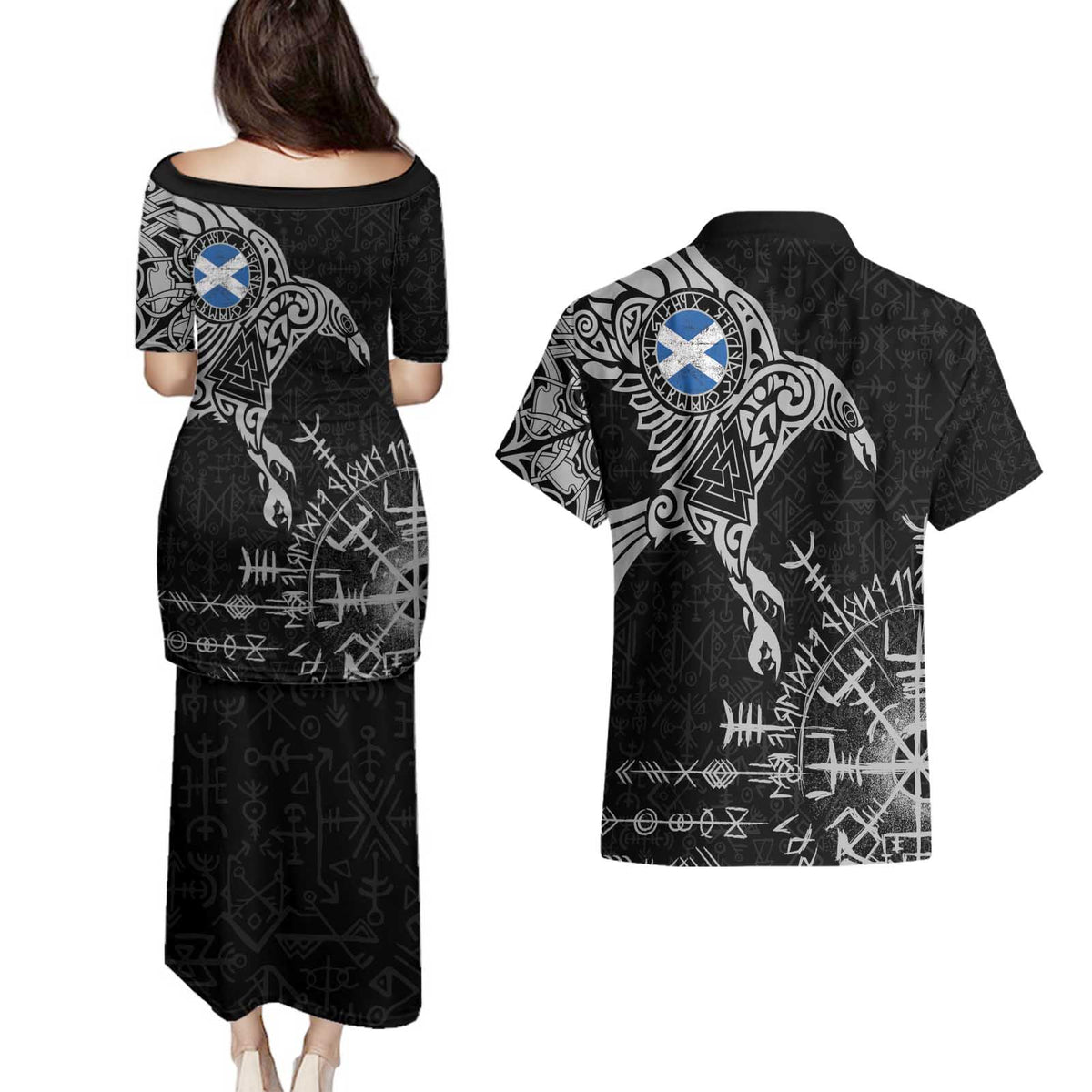 Scotland Viking Ravens Couples Matching Puletasi and Hawaiian Shirt Vegvisir Runes Pattern - Wonder Print Shop