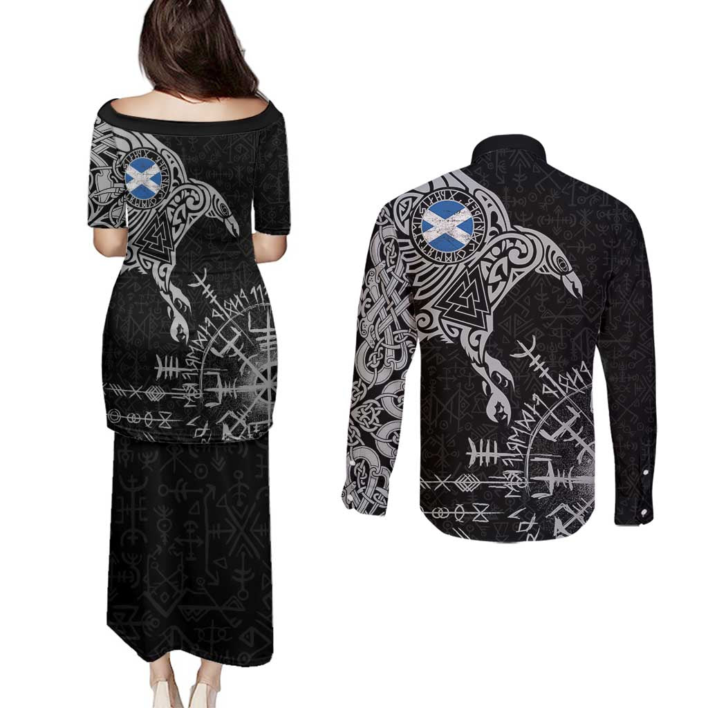 Scotland Viking Ravens Couples Matching Puletasi and Long Sleeve Button Shirt Vegvisir Runes Pattern - Wonder Print Shop