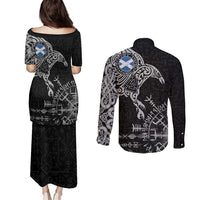 Scotland Viking Ravens Couples Matching Puletasi and Long Sleeve Button Shirt Vegvisir Runes Pattern - Wonder Print Shop
