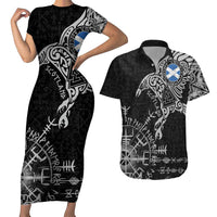 Scotland Viking Ravens Couples Matching Short Sleeve Bodycon Dress and Hawaiian Shirt Vegvisir Runes Pattern - Wonder Print Shop