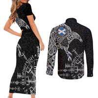Scotland Viking Ravens Couples Matching Short Sleeve Bodycon Dress and Long Sleeve Button Shirt Vegvisir Runes Pattern - Wonder Print Shop
