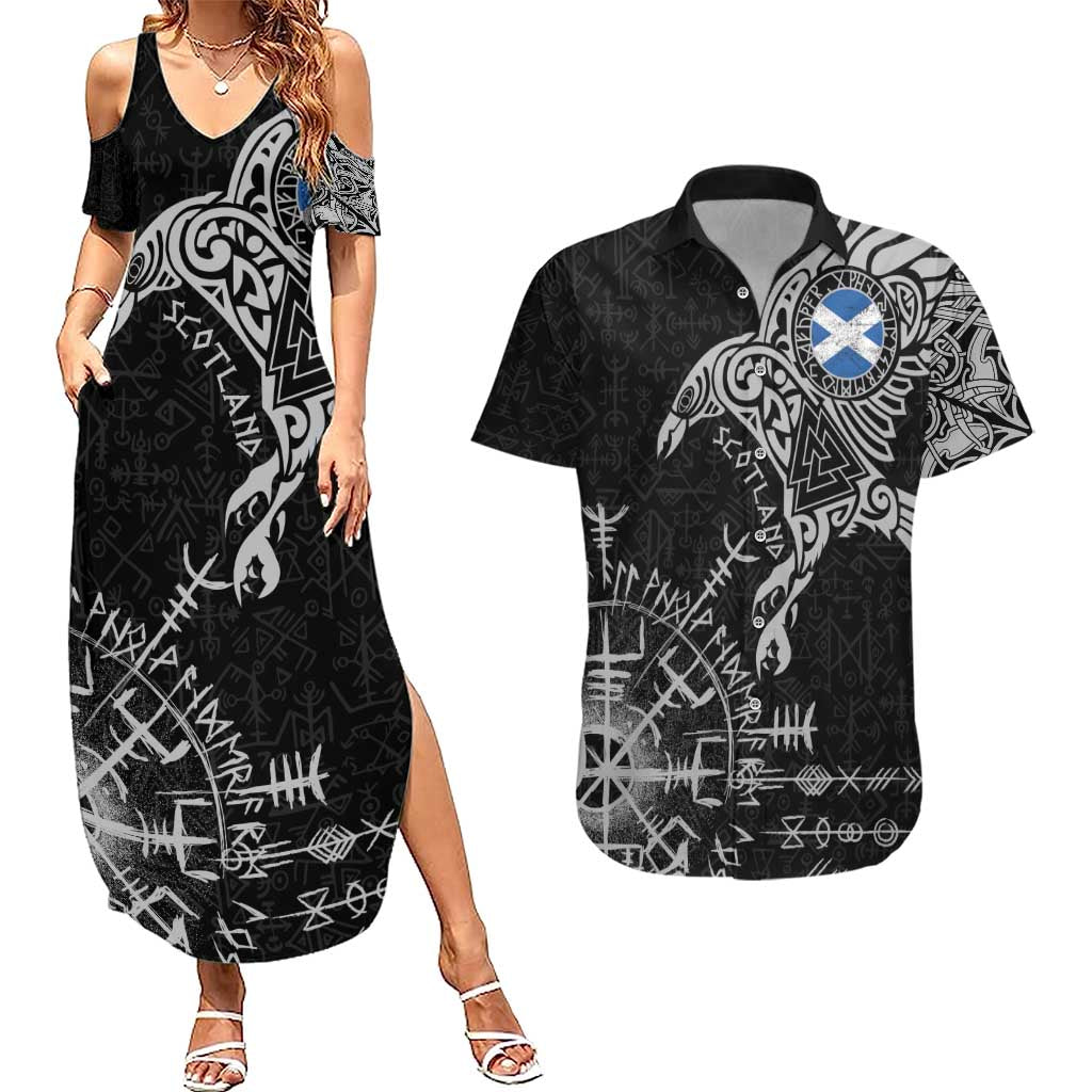 Scotland Viking Ravens Couples Matching Summer Maxi Dress and Hawaiian Shirt Vegvisir Runes Pattern - Wonder Print Shop