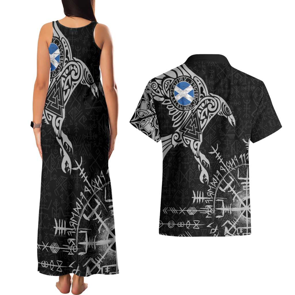 Scotland Viking Ravens Couples Matching Tank Maxi Dress and Hawaiian Shirt Vegvisir Runes Pattern - Wonder Print Shop
