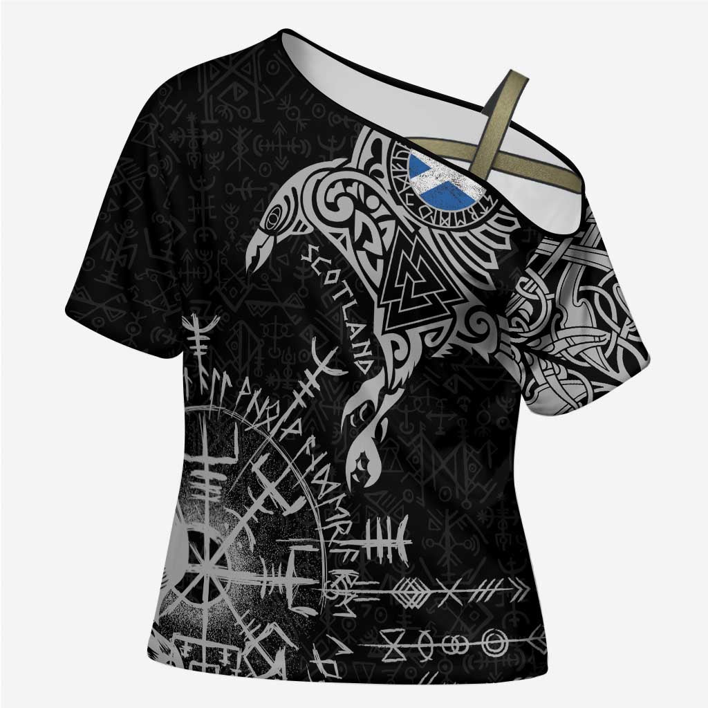 Scotland Viking Ravens Cross Shoulder Shirt Vegvisir Runes Pattern - Wonder Print Shop