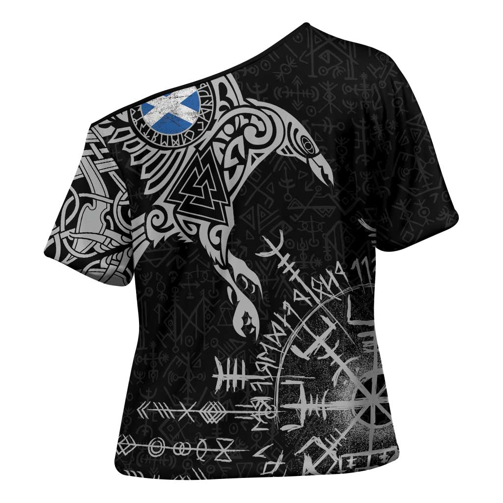 Scotland Viking Ravens Cross Shoulder Shirt Vegvisir Runes Pattern - Wonder Print Shop
