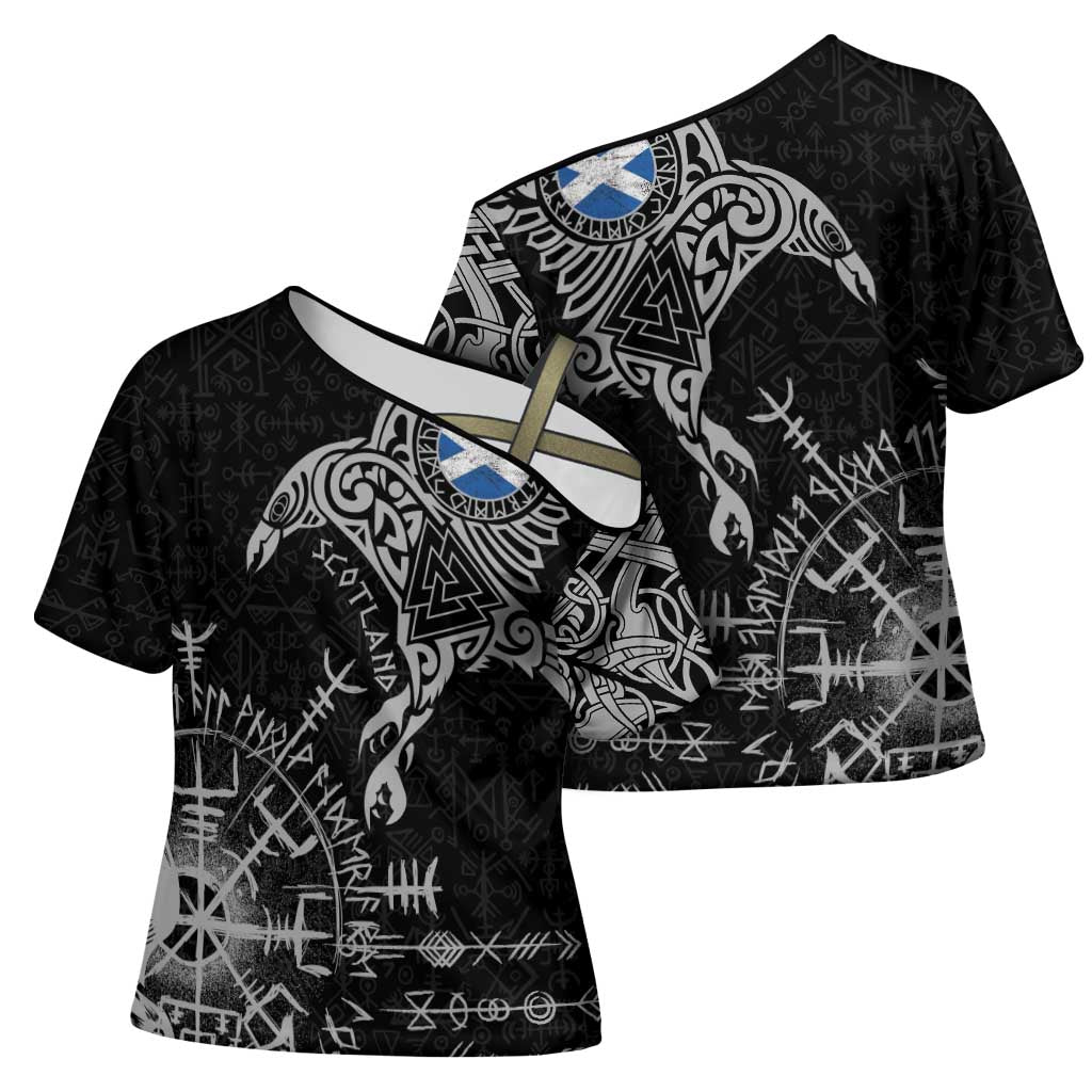 Scotland Viking Ravens Cross Shoulder Shirt Vegvisir Runes Pattern - Wonder Print Shop