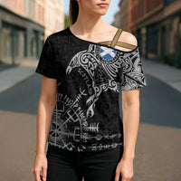 Scotland Viking Ravens Cross Shoulder Shirt Vegvisir Runes Pattern - Wonder Print Shop