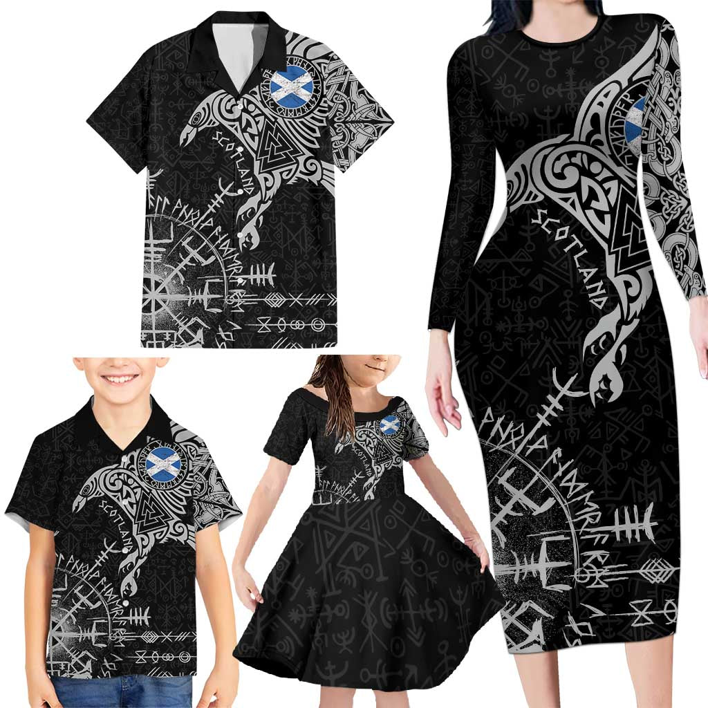 Scotland Viking Ravens Family Matching Long Sleeve Bodycon Dress and Hawaiian Shirt Vegvisir Runes Pattern - Wonder Print Shop