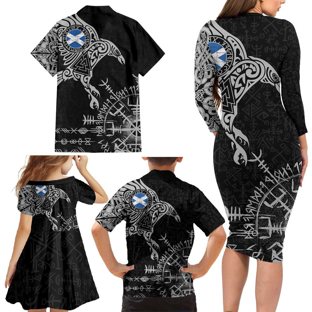 Scotland Viking Ravens Family Matching Long Sleeve Bodycon Dress and Hawaiian Shirt Vegvisir Runes Pattern - Wonder Print Shop