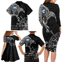 Scotland Viking Ravens Family Matching Long Sleeve Bodycon Dress and Hawaiian Shirt Vegvisir Runes Pattern - Wonder Print Shop