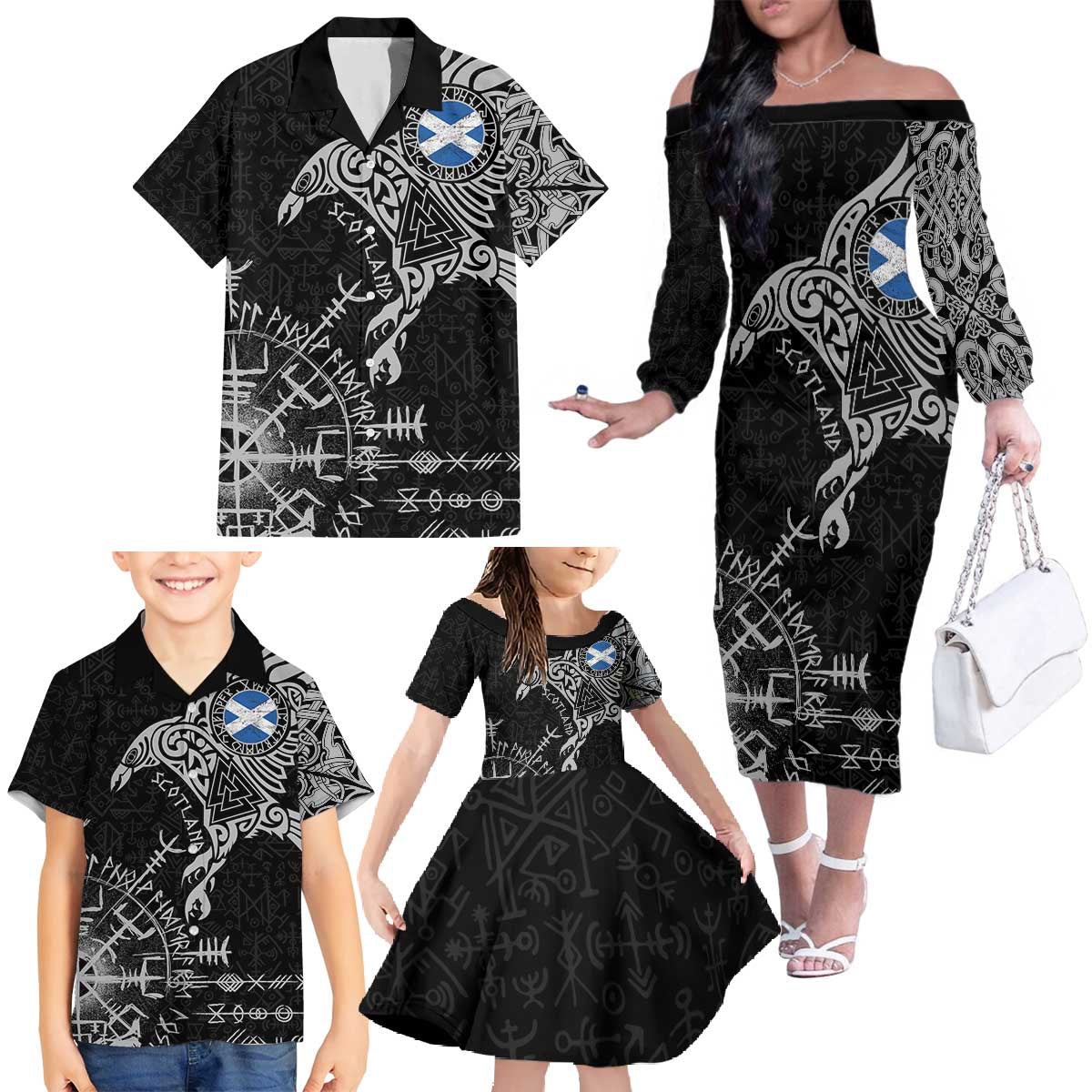 Scotland Viking Ravens Family Matching Off The Shoulder Long Sleeve Dress and Hawaiian Shirt Vegvisir Runes Pattern - Wonder Print Shop