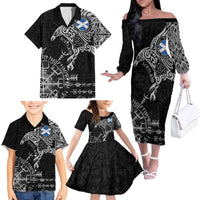 Scotland Viking Ravens Family Matching Off The Shoulder Long Sleeve Dress and Hawaiian Shirt Vegvisir Runes Pattern - Wonder Print Shop