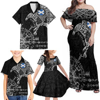 Scotland Viking Ravens Family Matching Off Shoulder Maxi Dress and Hawaiian Shirt Vegvisir Runes Pattern - Wonder Print Shop