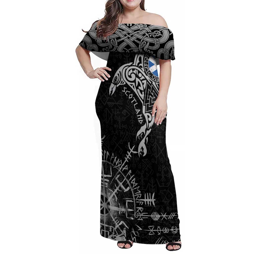 Scotland Viking Ravens Family Matching Off Shoulder Maxi Dress and Hawaiian Shirt Vegvisir Runes Pattern - Wonder Print Shop