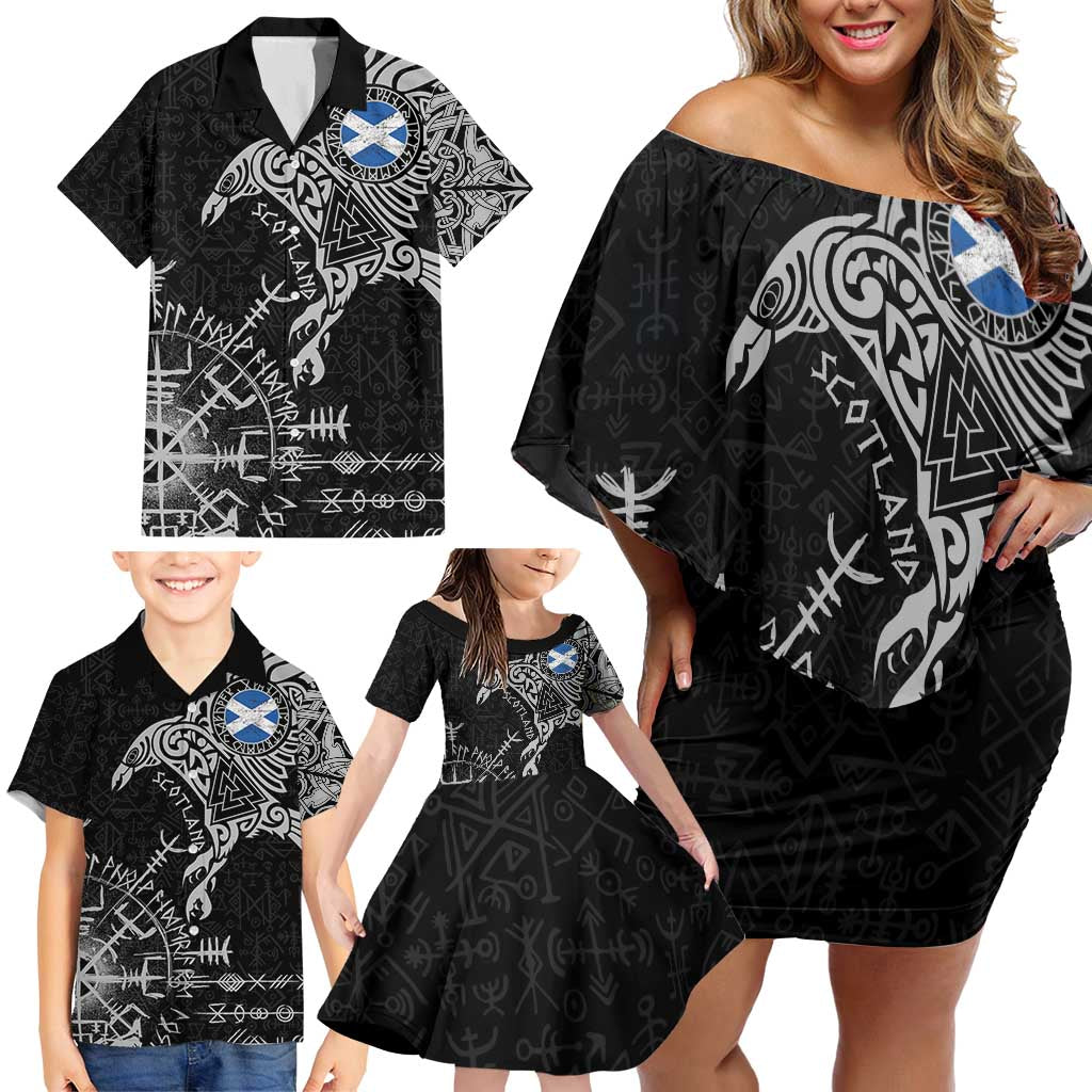 Scotland Viking Ravens Family Matching Off Shoulder Short Dress and Hawaiian Shirt Vegvisir Runes Pattern - Wonder Print Shop