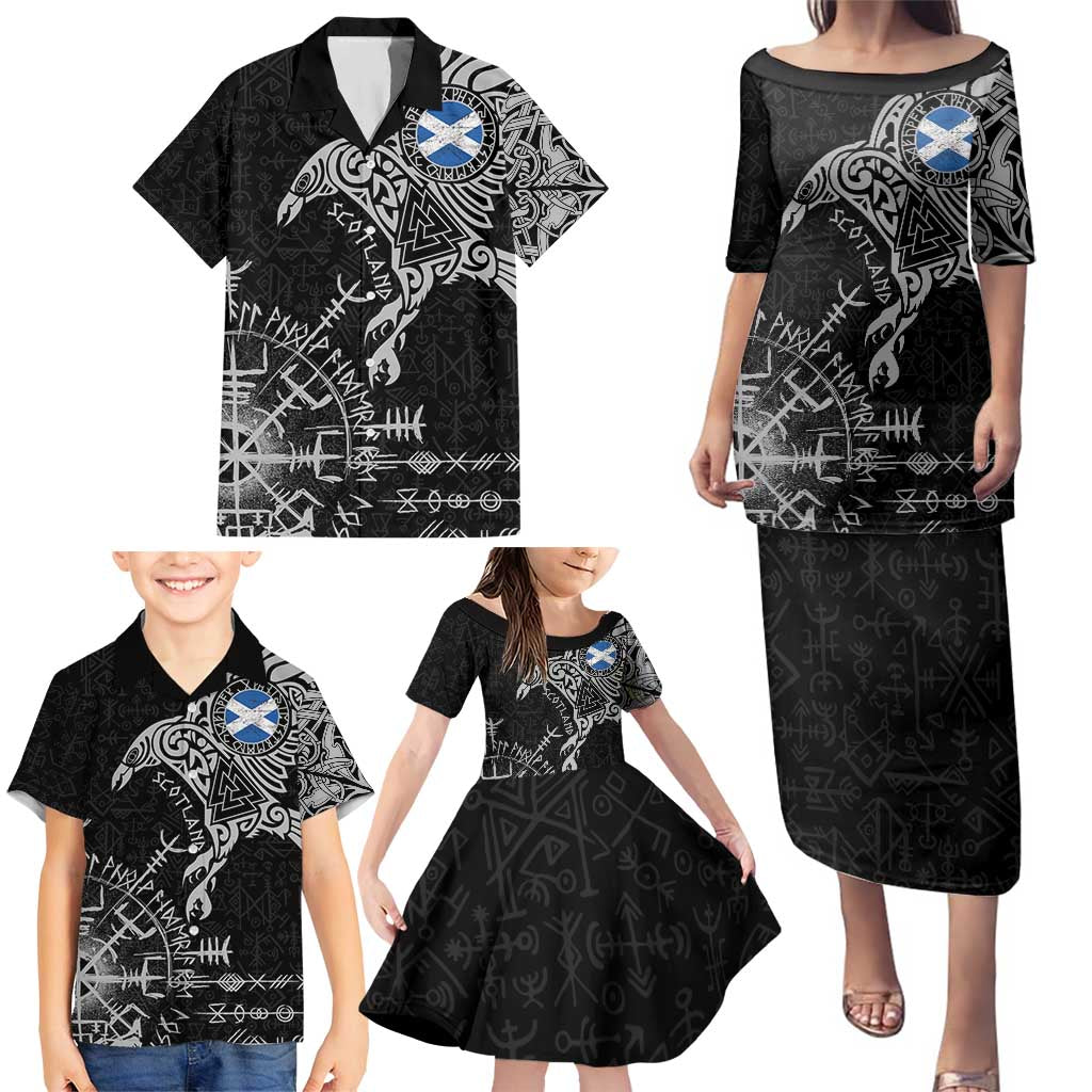 Scotland Viking Ravens Family Matching Puletasi and Hawaiian Shirt Vegvisir Runes Pattern - Wonder Print Shop