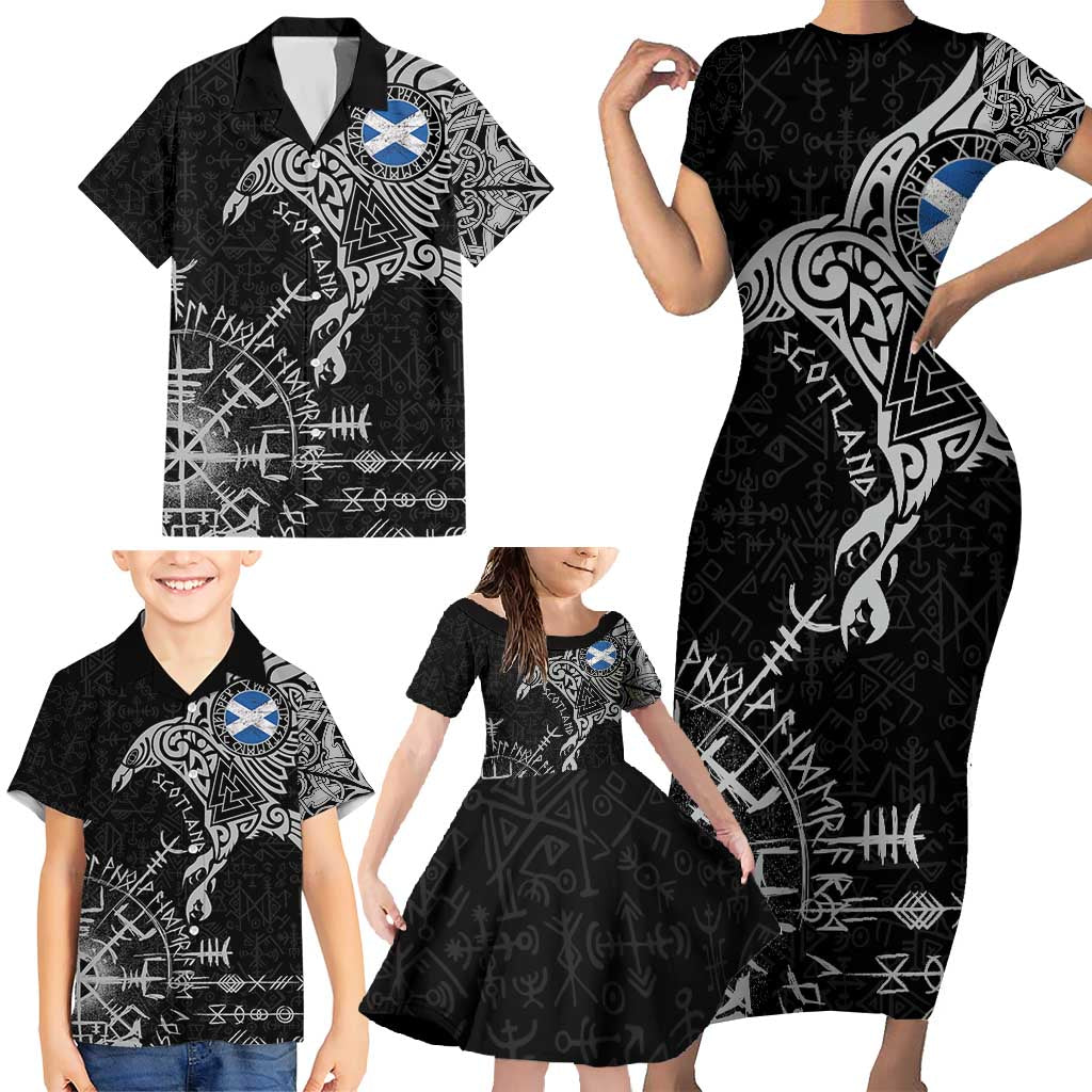 Scotland Viking Ravens Family Matching Short Sleeve Bodycon Dress and Hawaiian Shirt Vegvisir Runes Pattern - Wonder Print Shop