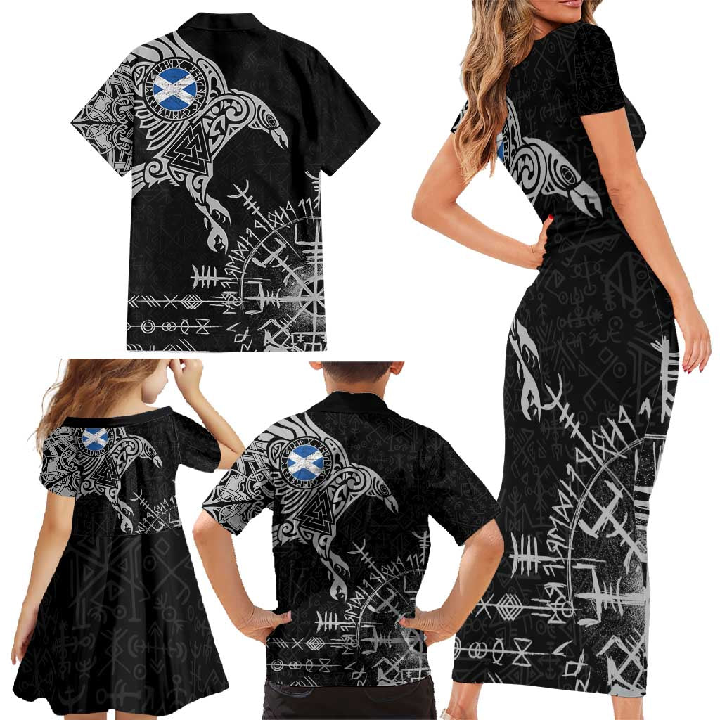 Scotland Viking Ravens Family Matching Short Sleeve Bodycon Dress and Hawaiian Shirt Vegvisir Runes Pattern - Wonder Print Shop