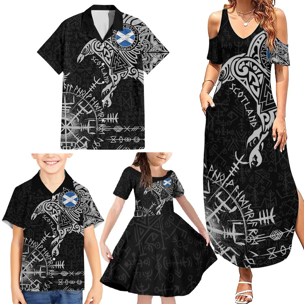 Scotland Viking Ravens Family Matching Summer Maxi Dress and Hawaiian Shirt Vegvisir Runes Pattern - Wonder Print Shop