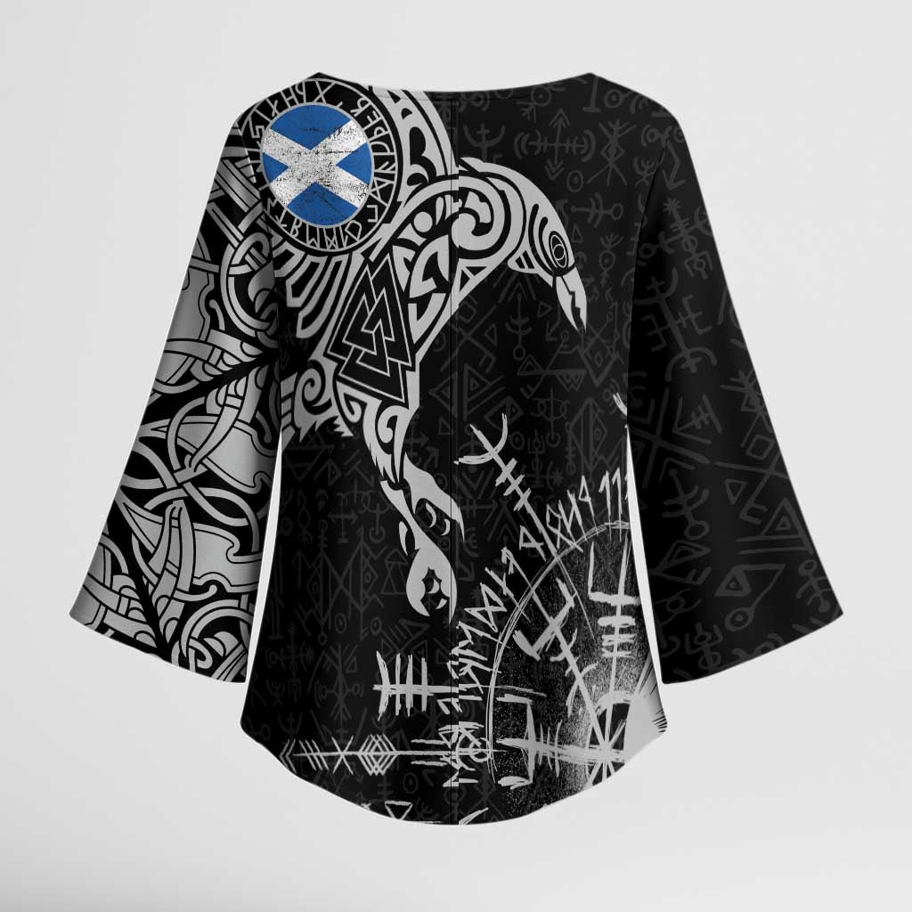 Scotland Viking Ravens Kimono Sleeve Blouse Vegvisir Runes Pattern - Wonder Print Shop