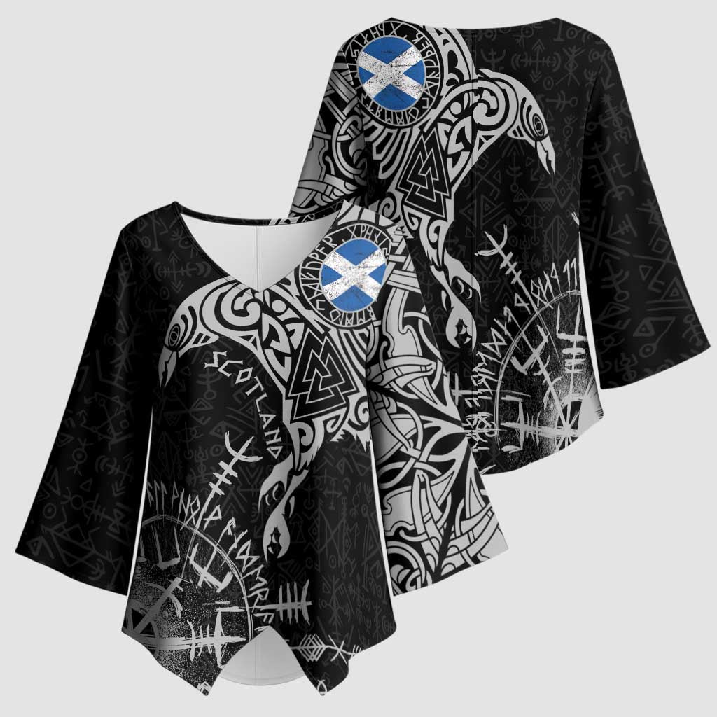 Scotland Viking Ravens Kimono Sleeve Blouse Vegvisir Runes Pattern - Wonder Print Shop