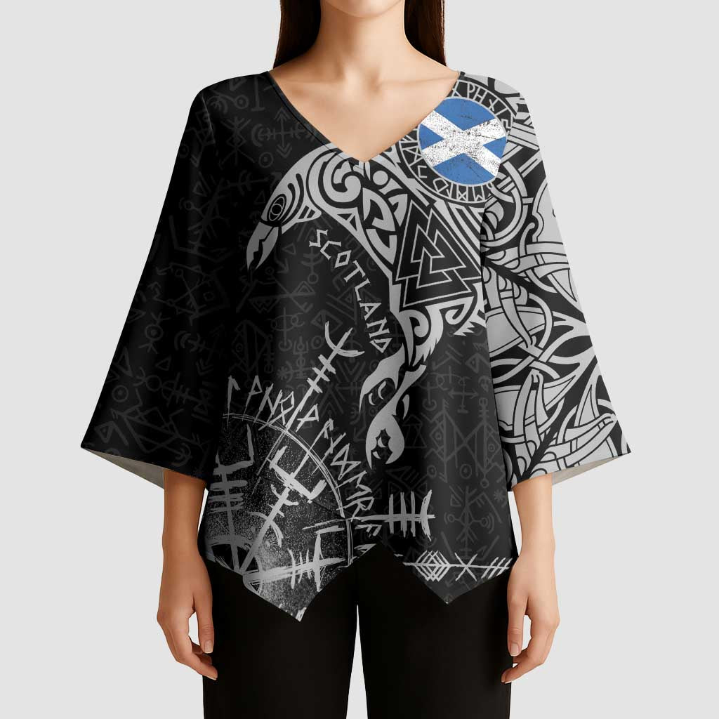 Scotland Viking Ravens Kimono Sleeve Blouse Vegvisir Runes Pattern - Wonder Print Shop
