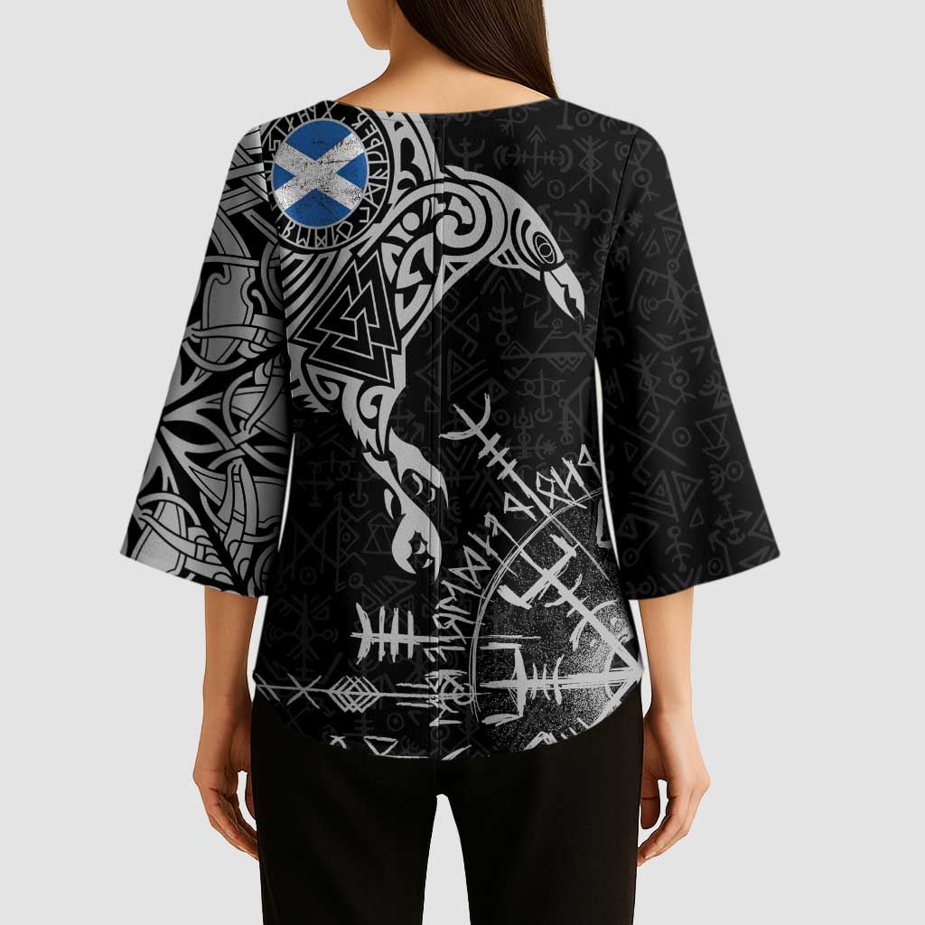 Scotland Viking Ravens Kimono Sleeve Blouse Vegvisir Runes Pattern - Wonder Print Shop