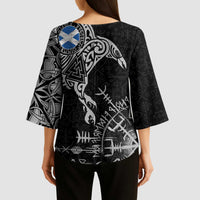 Scotland Viking Ravens Kimono Sleeve Blouse Vegvisir Runes Pattern - Wonder Print Shop