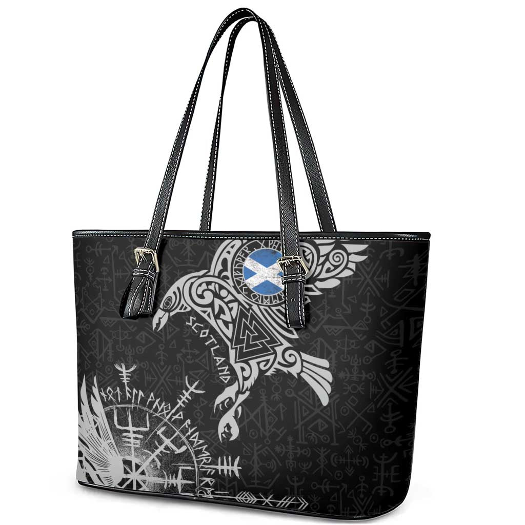 Scotland Viking Ravens Leather Tote Bag Vegvisir Runes Pattern - Wonder Print Shop