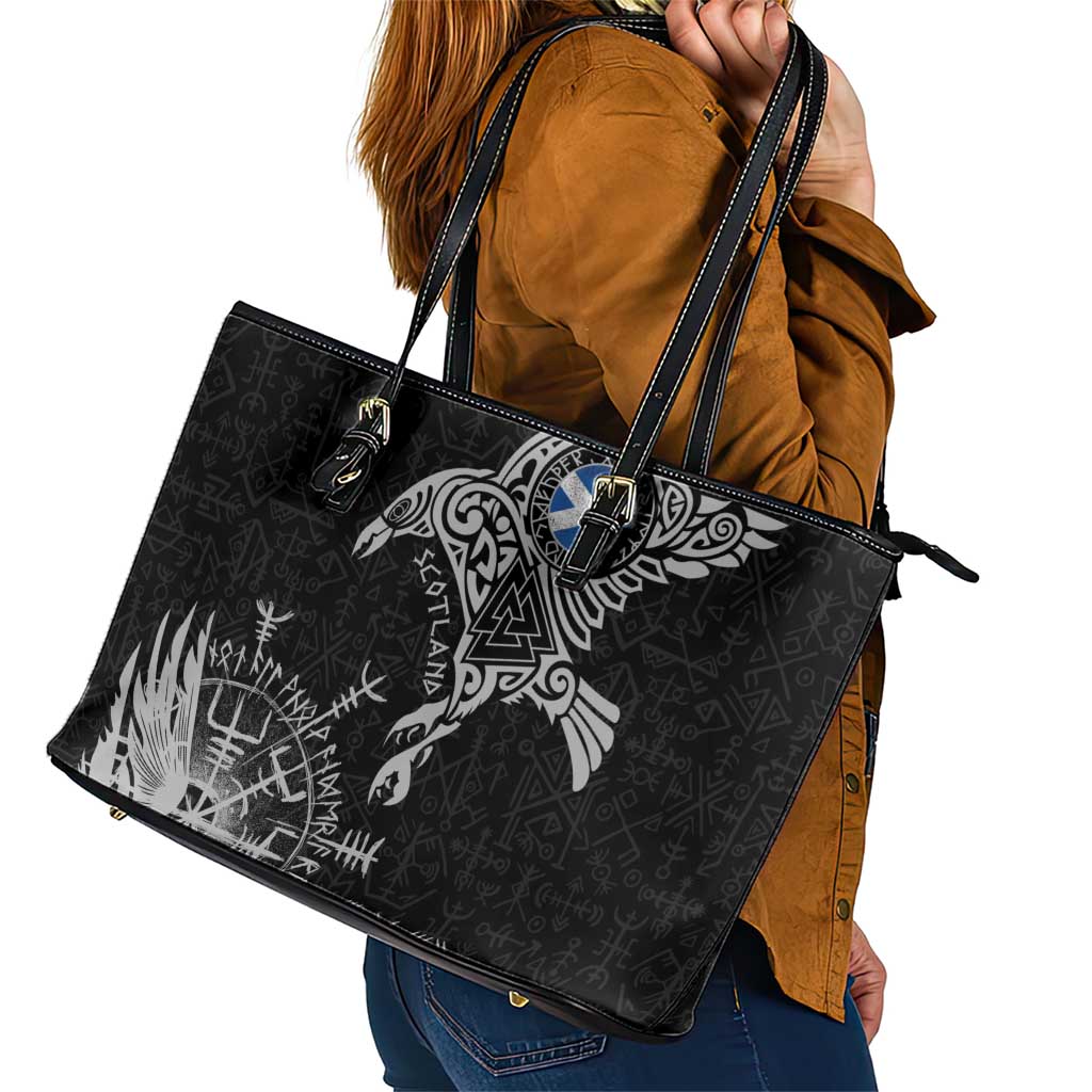 Scotland Viking Ravens Leather Tote Bag Vegvisir Runes Pattern - Wonder Print Shop