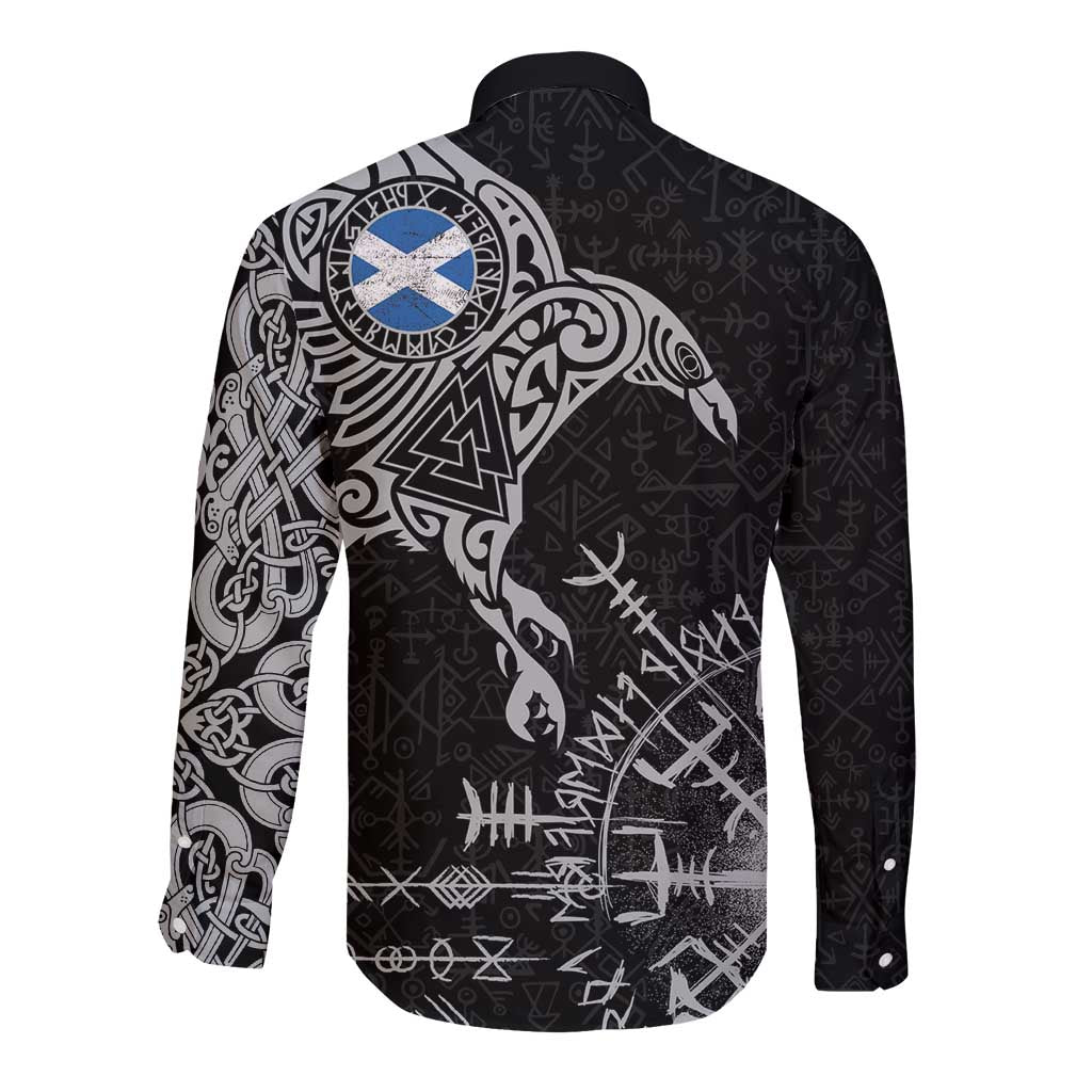 Scotland Viking Ravens Long Sleeve Button Shirt Vegvisir Runes Pattern - Wonder Print Shop