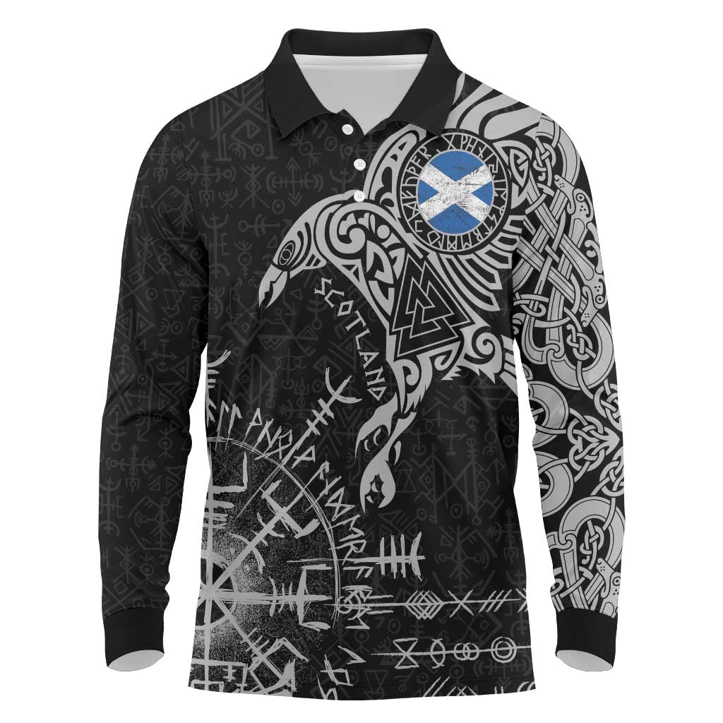 Scotland Viking Ravens Long Sleeve Polo Shirt Vegvisir Runes Pattern - Wonder Print Shop