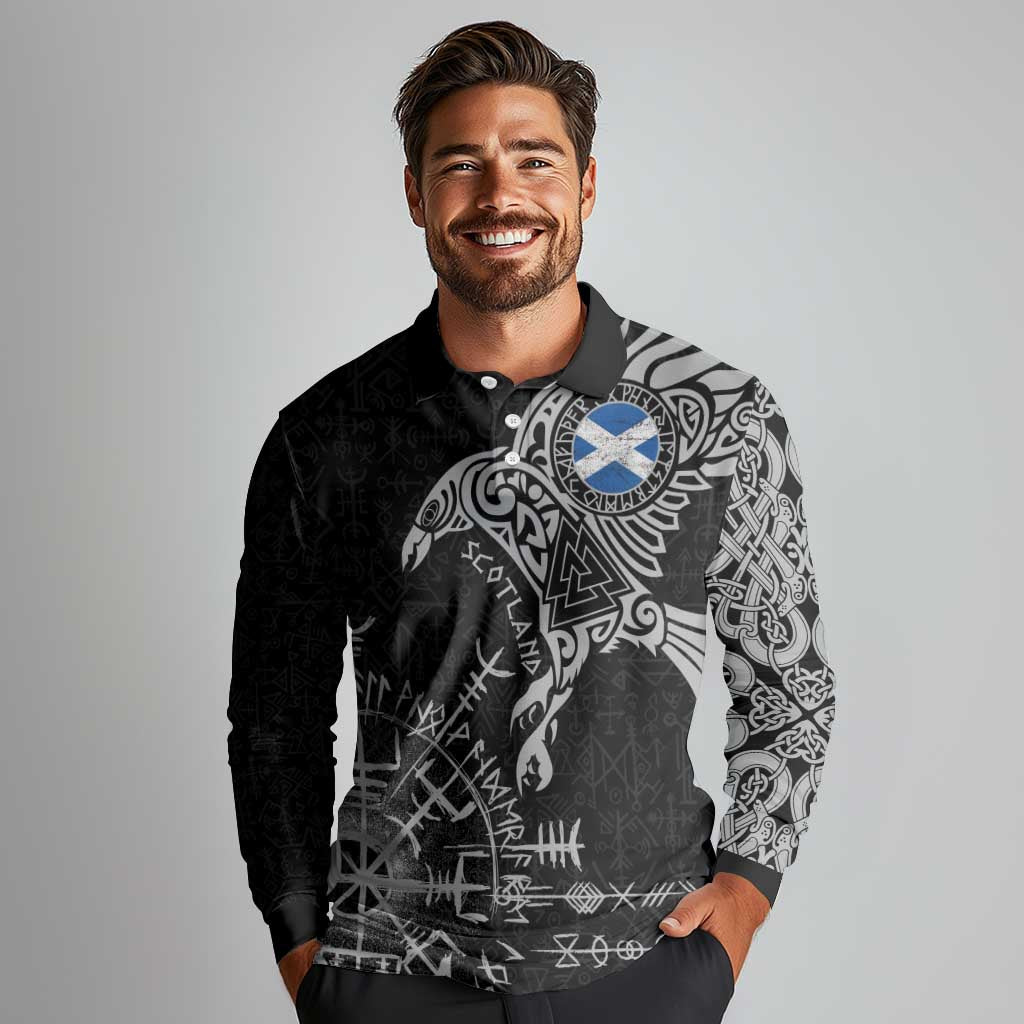 Scotland Viking Ravens Long Sleeve Polo Shirt Vegvisir Runes Pattern - Wonder Print Shop