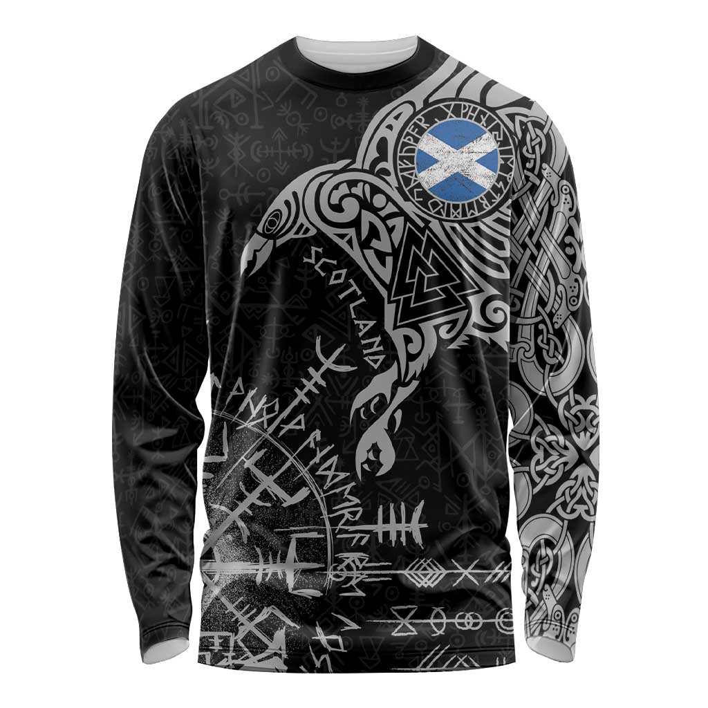 Scotland Viking Ravens Long Sleeve Shirt Vegvisir Runes Pattern - Wonder Print Shop