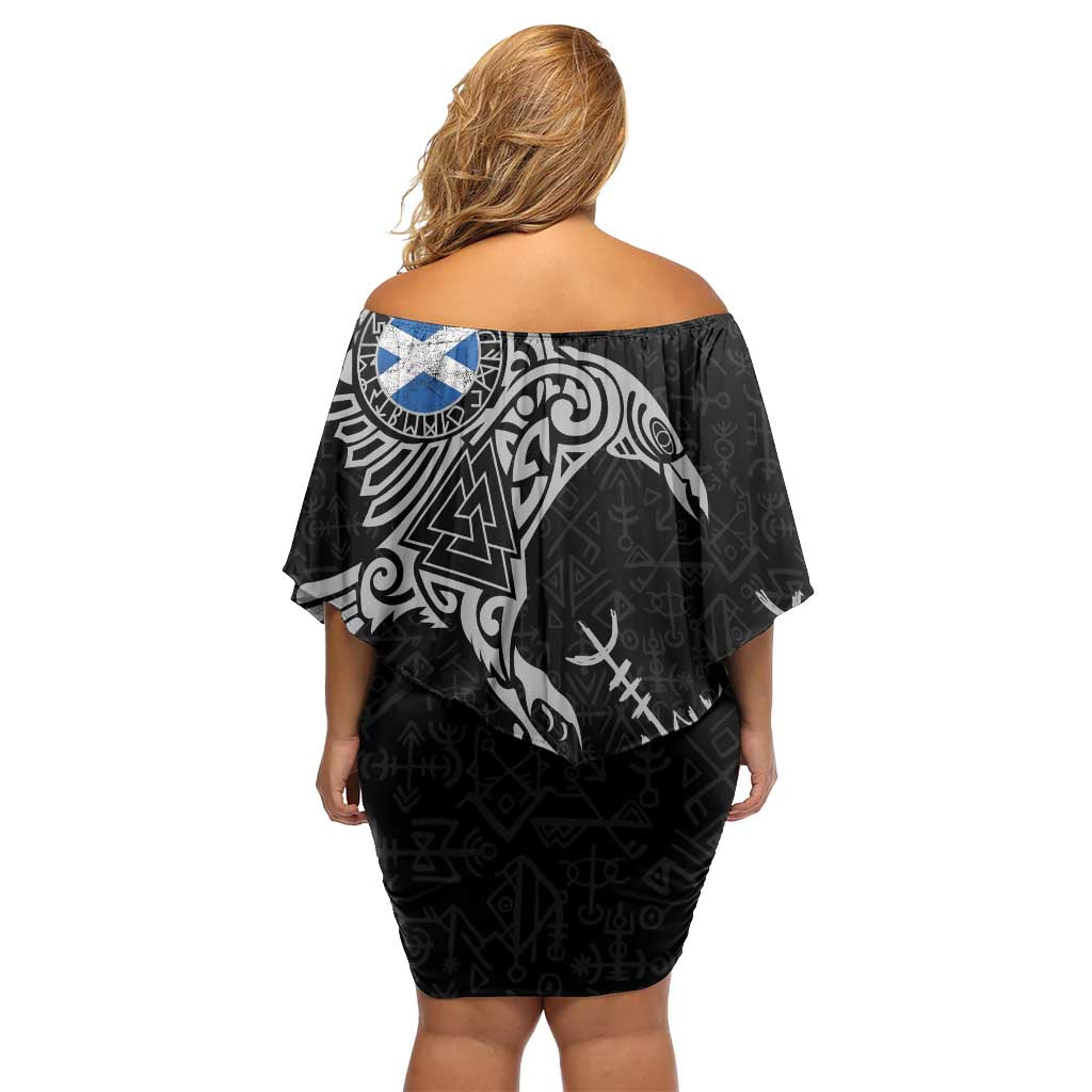 Scotland Viking Ravens Off Shoulder Short Dress Vegvisir Runes Pattern - Wonder Print Shop