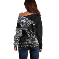 Scotland Viking Ravens Off Shoulder Sweater Vegvisir Runes Pattern - Wonder Print Shop