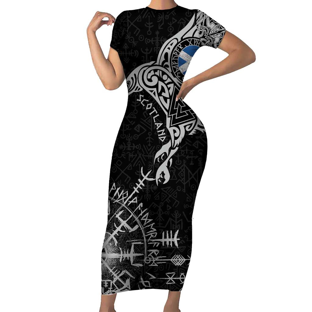 Scotland Viking Ravens Short Sleeve Bodycon Dress Vegvisir Runes Pattern - Wonder Print Shop