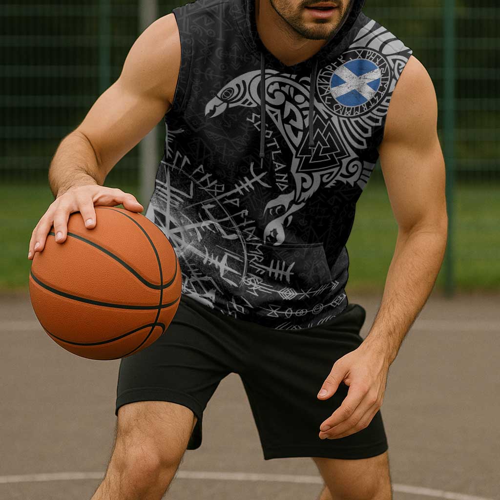 Scotland Viking Ravens Sleeveless Hoodie Vegvisir Runes Pattern - Wonder Print Shop