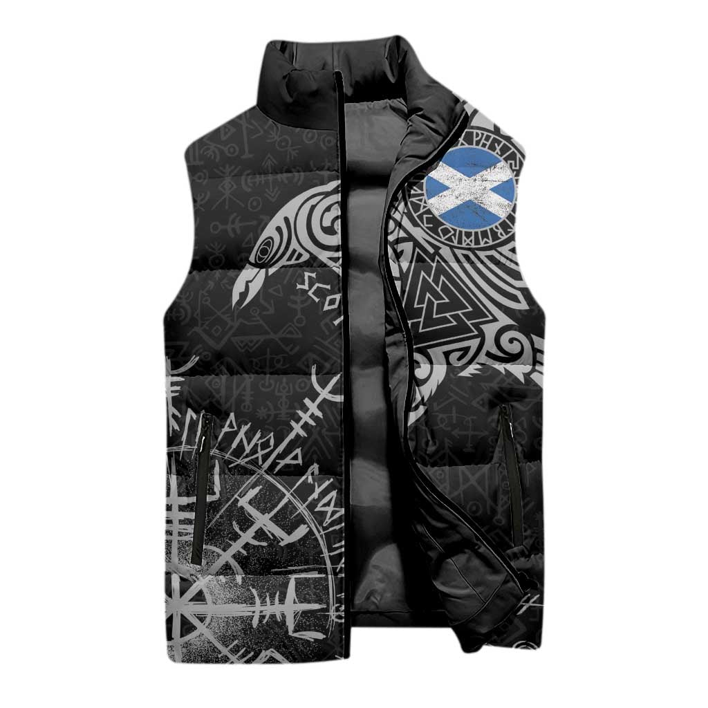 Scotland Viking Ravens Sleeveless Puffer Jacket Vegvisir Runes Pattern - Wonder Print Shop