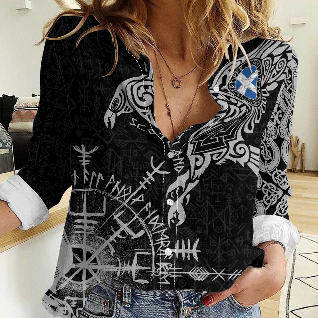 Scotland Viking Ravens Women Casual Shirt Vegvisir Runes Pattern - Wonder Print Shop