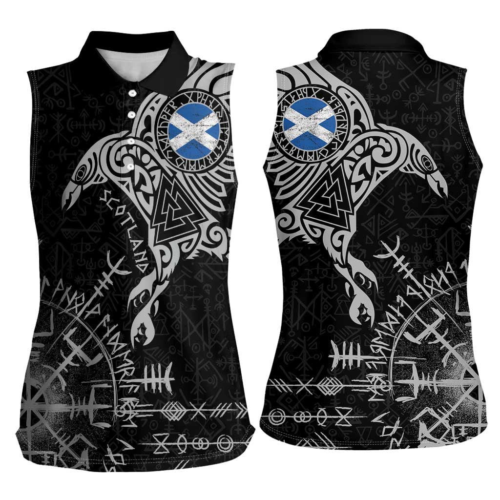 Scotland Viking Ravens Women Sleeveless Polo Shirt Vegvisir Runes Pattern - Wonder Print Shop