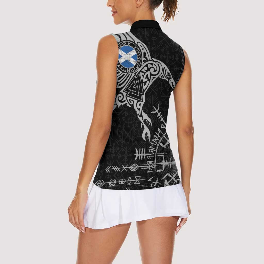 Scotland Viking Ravens Women Sleeveless Polo Shirt Vegvisir Runes Pattern - Wonder Print Shop