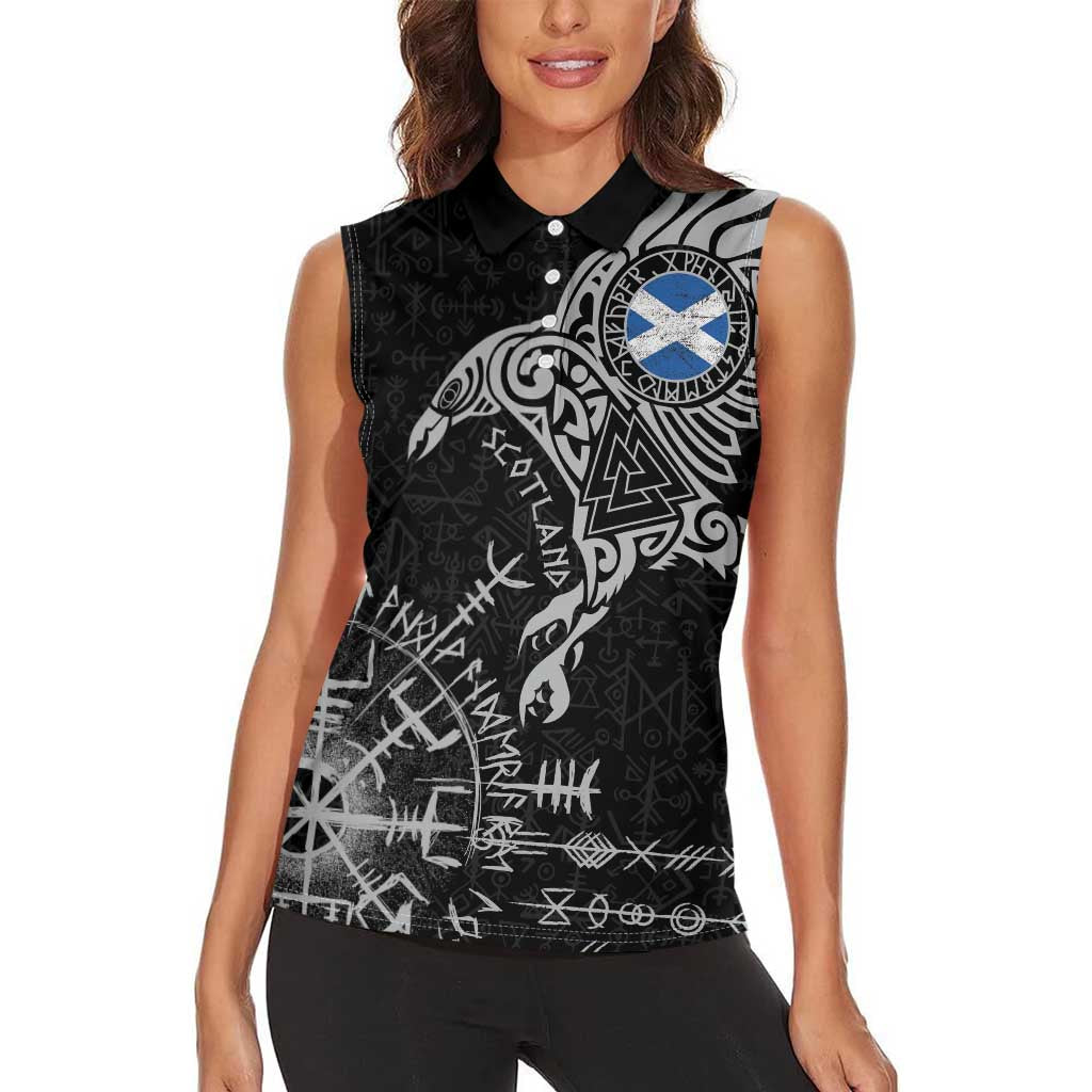 Scotland Viking Ravens Women Sleeveless Polo Shirt Vegvisir Runes Pattern - Wonder Print Shop