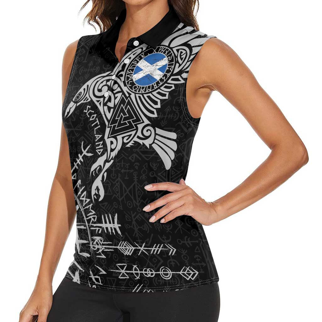 Scotland Viking Ravens Women Sleeveless Polo Shirt Vegvisir Runes Pattern - Wonder Print Shop