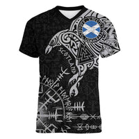 Scotland Viking Ravens Women V-Neck T-Shirt Vegvisir Runes Pattern - Wonder Print Shop