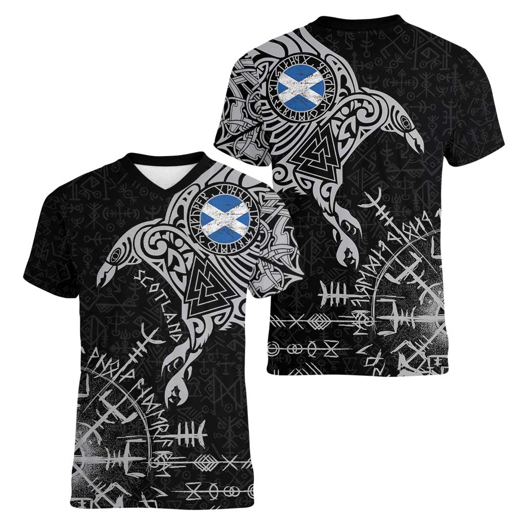 Scotland Viking Ravens Women V-Neck T-Shirt Vegvisir Runes Pattern - Wonder Print Shop