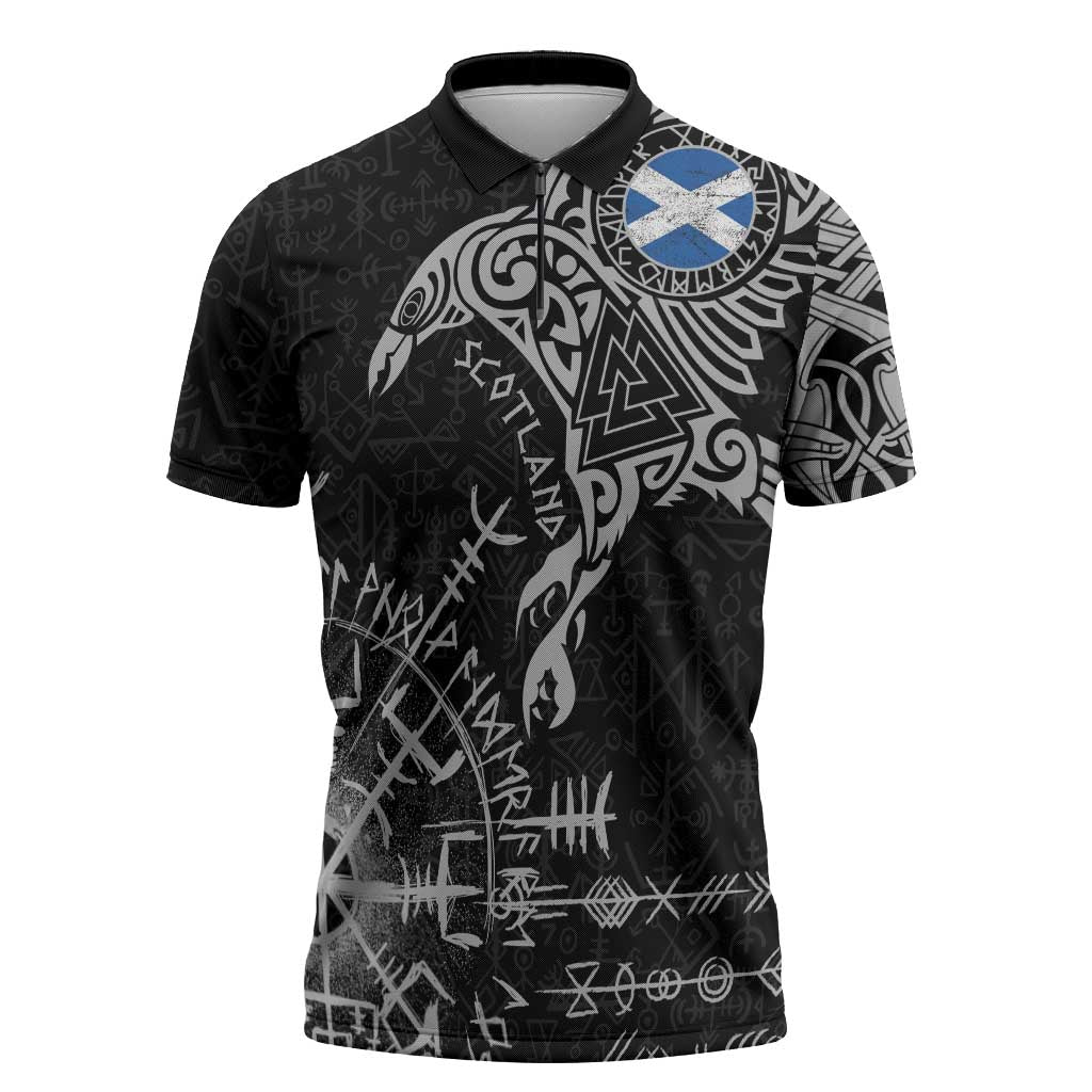 Scotland Viking Ravens Zipper Polo Shirt Vegvisir Runes Pattern - Wonder Print Shop