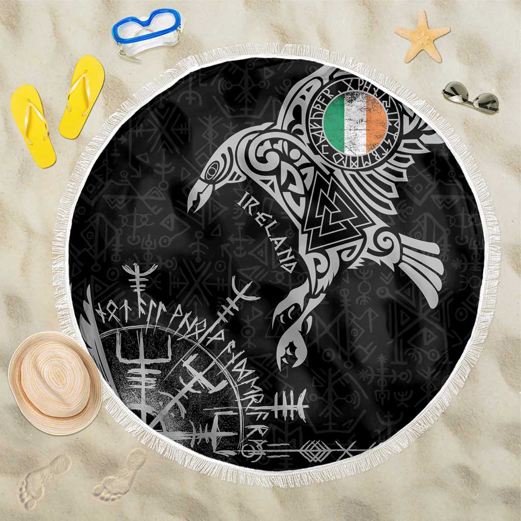 Ireland Viking Ravens Beach Blanket Vegvisir Runes Pattern - Wonder Print Shop